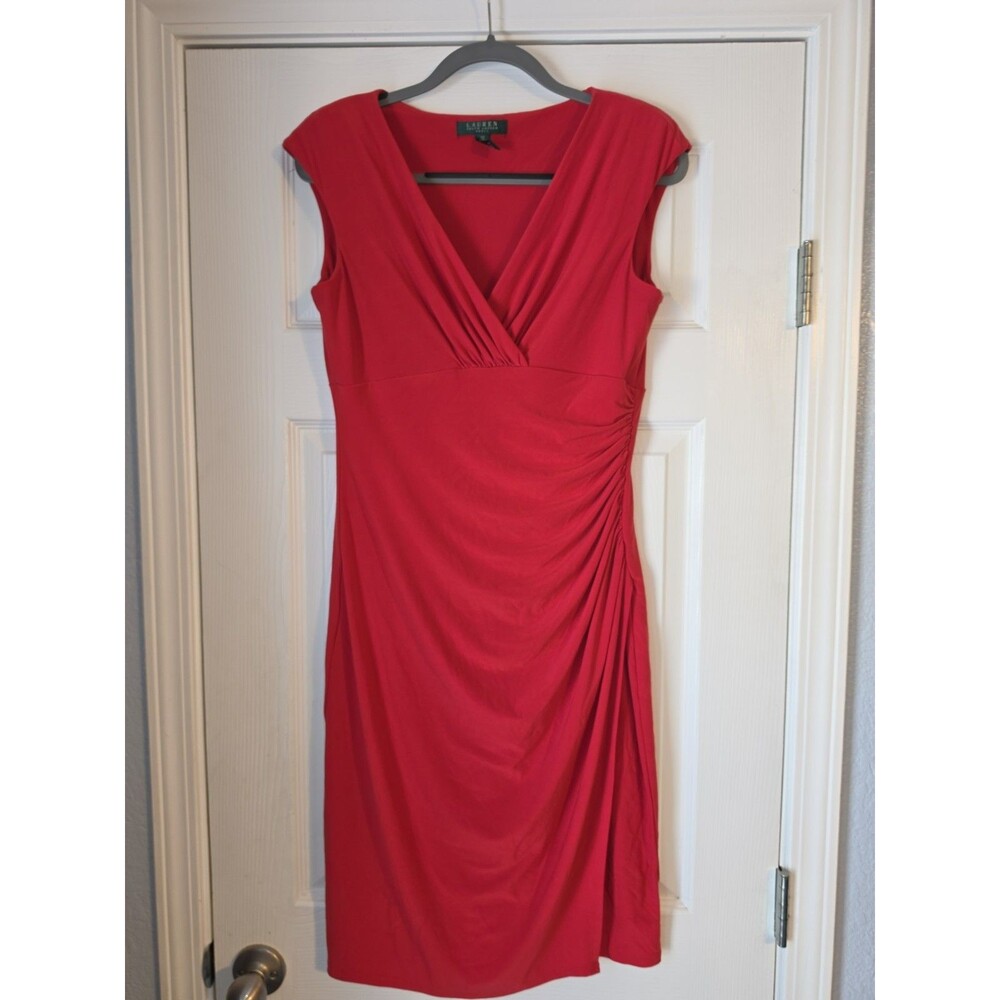 Ralph Lauren Womens Dress Sheath Ruched VNeck Sleeveless Empire Midi RED Size 12